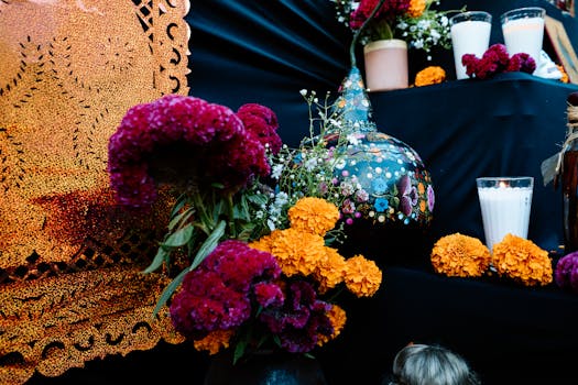 Day of the Dead celebration with vibrant altars