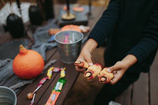 A spooky Halloween setting with candy